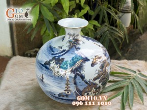 Bình hút tài lộc men rong cổ cảnh Sơn Thủy vẽ vàng 24k, cao 22cm