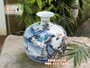 Bình hút tài lộc men rong cổ cảnh Sơn Thủy vẽ vàng 24k, cao 22cm