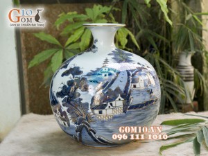 Bình hút tài lộc men rong cổ cảnh Sơn Thủy vẽ vàng 24k, cao 22cm