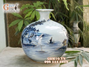 Bình hút tài lộc men rong cổ cảnh Sơn Thủy vẽ vàng 24k, cao 22cm