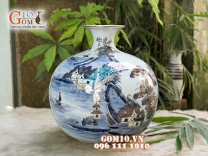 Bình hút tài lộc men rong cổ cảnh Sơn Thủy vẽ vàng 24k, cao 25cm