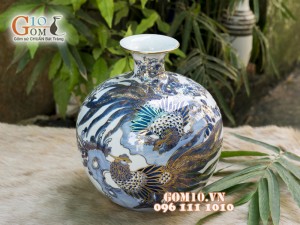 Bình hút tài lộc men rong cổ cảnh Trĩ Đào vẽ vàng 24k, cao 25cm