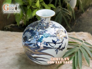 Bình hút tài lộc men rong cổ cảnh Trĩ Đào vẽ vàng 24k, cao 25cm