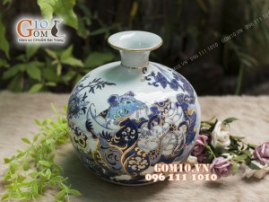 Bình hút tài lộc men lam cổ cảnh Canh Tý vẽ vàng 24k, cao 22cm