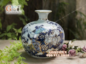 Bình hút tài lộc men lam cổ cảnh Canh Tý vẽ vàng 24k, cao 22cm