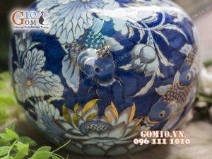 Bình hút tài lộc men rong cổ họa tiết Chép Sen, cao 35cm - vẽ Vàng 24k