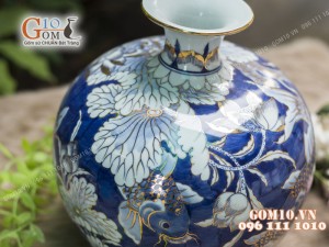 Bình hút tài lộc men rong cổ họa tiết Chép Sen, cao 35cm - vẽ Vàng 24k