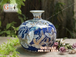 Bình hút tài lộc men rong cổ họa tiết Chép Sen, cao 35cm - vẽ Vàng 24k