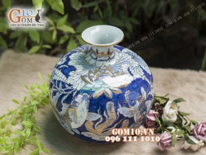 Bình hút tài lộc men rong cổ họa tiết Chép Sen, cao 35cm - vẽ Vàng 24k