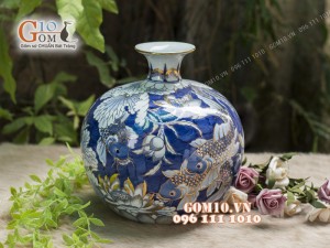 Bình hút tài lộc men rong cổ họa tiết Chép Sen, cao 35cm - vẽ Vàng 24k