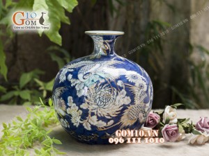 Bình hút tài lộc men rong cổ họa tiết Chim Hoa vẽ Vàng 24k, cao 35cm