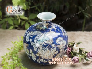 Bình hút tài lộc men rong cổ họa tiết Chim Hoa vẽ Vàng 24k, cao 35cm