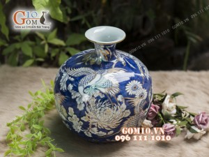 Bình hút tài lộc men rong cổ họa tiết Chim Hoa vẽ Vàng 24k, cao 35cm