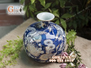 Bình hút tài lộc men rong cổ họa tiết Chim Hoa vẽ Vàng 24k, cao 35cm
