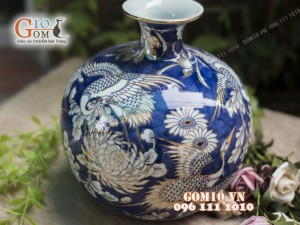 Bình hút tài lộc men rong cổ họa tiết Chim Hoa vẽ Vàng 24k, cao 35cm