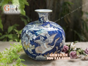 Bình hút tài lộc men rong cổ họa tiết Chim Hoa vẽ Vàng 24k, cao 35cm