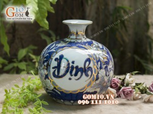 Bình hút tài lộc men lam cổ cảnh Giới Định Huệ vẽ vàng 24k, cao 35cm