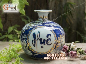 Bình hút tài lộc men lam cổ cảnh Giới Định Huệ vẽ vàng 24k, cao 35cm