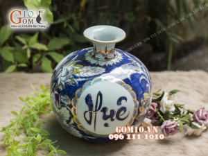 Bình hút tài lộc men lam cổ cảnh Giới Định Huệ vẽ vàng 24k, cao 35cm