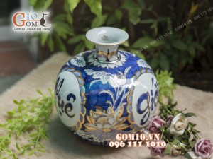 Bình hút tài lộc men lam cổ cảnh Giới Định Huệ vẽ vàng 24k, cao 35cm