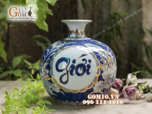 Bình hút tài lộc men lam cổ cảnh Giới Định Huệ vẽ vàng 24k, cao 35cm