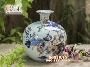 Bình hút tài lộc men lam cổ họa tiết hoa Sen vẽ Vàng 24k, cao 22cm