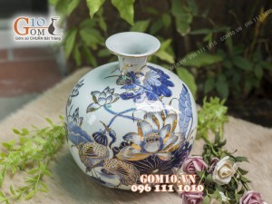 Bình hút tài lộc men lam cổ họa tiết hoa Sen vẽ Vàng 24k, cao 35cm