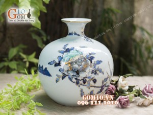 Bình hút tài lộc men lam cổ cảnh Hươu Đào vẽ vàng 24k, cao 30cm