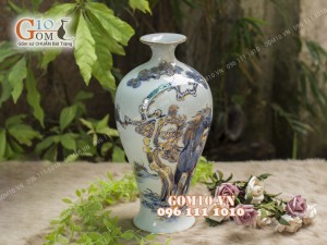 Mai bình men lam cổ vẽ song Mã vẽ Vàng 24k, cao 42cm