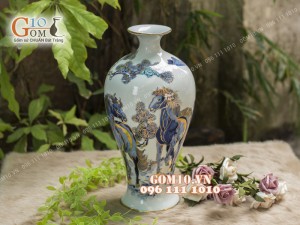 Mai bình men lam cổ vẽ song Mã vẽ Vàng 24k, cao 42cm