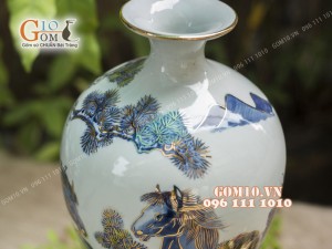 Mai bình men lam cổ vẽ song Mã vẽ Vàng 24k, cao 42cm