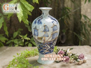 Mai bình men lam cổ họa tiết Thuận Buồm Xuôi Gió vẽ Vàng 24k, cao 50cm