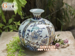 Bình hút tài lộc men lam cổ họa tiết Tứ Cảnh vẽ Vàng 24k, cao 30cm