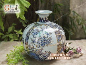 Bình hút tài lộc men lam cổ họa tiết Tứ Cảnh vẽ Vàng 24k, cao 30cm