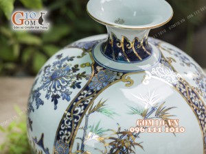 Bình hút tài lộc men lam cổ họa tiết Tứ Cảnh vẽ Vàng 24k, cao 30cm