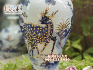 Mai bình men lam cổ họa tiết Tùng Hươu vẽ Vàng 24k, cao 44cm