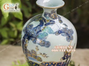 Mai bình men lam cổ họa tiết Tùng Hươu vẽ Vàng 24k, cao 44cm