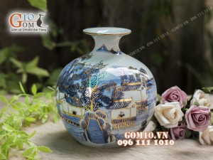 Bình hút tài lộc men lam cổ cảnh Làng Quê vẽ vàng 24k, cao 30cm