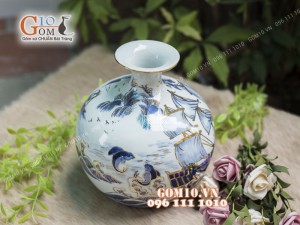 Bình hút tài lộc men lam cổ cảnh Thuận Buồm Xuôi Gió vẽ vàng 24k, cao 25cm