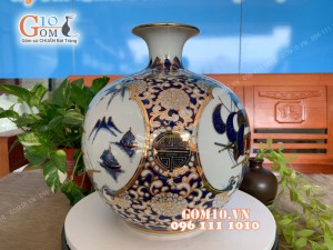 Bình hút tài lộc men rong cổ cảnh Thuận Buồm Xuôi Gió vẽ vàng 24K, 35cm 