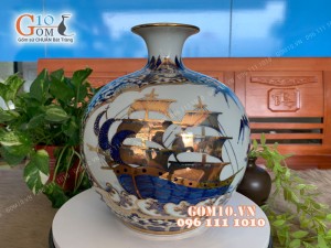 Bình hút tài lộc men rong cổ vẽ vàng 24k cảnh Thuận Buồm Xuôi Gió 40cm