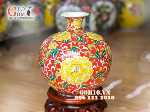 Bình hút tài lộc nền đỏ vẽ hoa Phù Dung 33cm