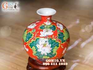 Bình hút tài lộc nền đỏ vẽ hoa Sen 33cm