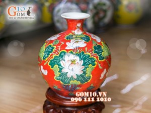 Bình hút tài lộc nền đỏ vẽ hoa Sen 36cm