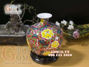 Bình hút tài lộc nền vàng vẽ hoa Mẫu Đơn 23cm