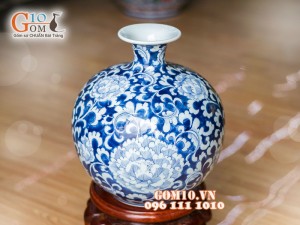 Bình hút tài lộc nền xanh vẽ hoa Phù dung 28cm