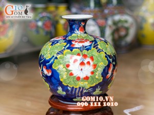 Bình hút tài lộc nền xanh vẽ hoa Sen 33cm