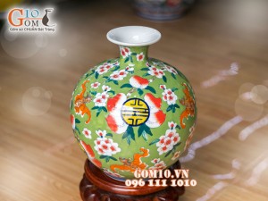 Bình hút tài lộc nền xanh vẽ Hoa và Cá 36cm