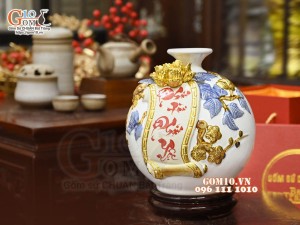 Bình hút tài lộc Phát Tài Phát Lộc đắp nổi dát vàng, nền trắng, cao 22cm