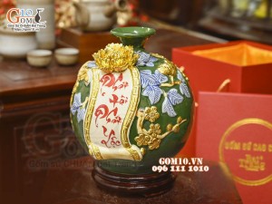 Bình hút tài lộc Phát Tài Phát Lộc đắp nổi dát vàng, nền xanh lục bảo, cao 28cm